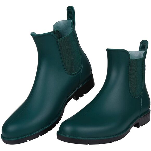 Women's Green Pointed Toe Waterproof Chelsea Double Elastic Ankle Rain Boots - Picture 2 of 7